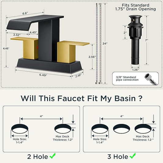 FORIOUS Square Waterfall Centerset Bathroom Faucet 3 or 2 Hole for 4 Inch Matte Black and Gold, 2 Handle Bathroom Sink Faucet with Metal Pop Up Drain and Hose for Vanity RV Restroom Remodel