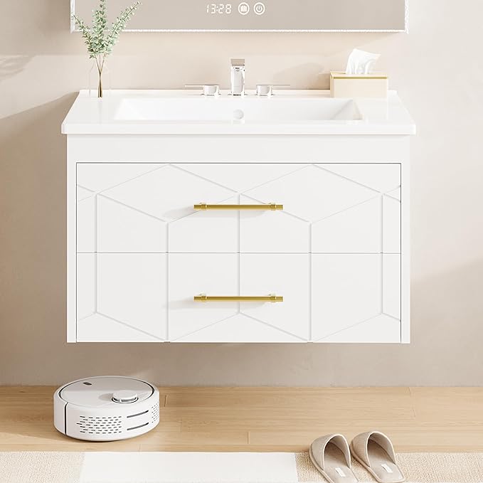 Garvee 24" Bathroom Vanity with Sink, Floating Bathroom Vanity with Ceramic Basin, 2 Large Storage Drawers with Gold Metal Handle, Modern Wall Mounted Bathroom Cabinet with Sink, White