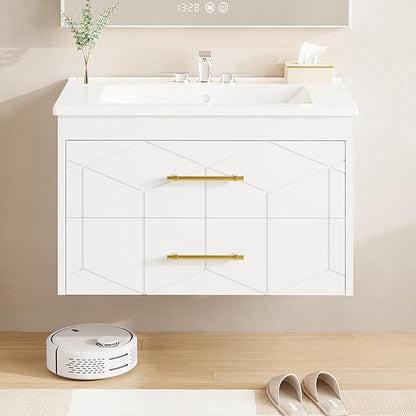 Garvee 24" Bathroom Vanity with Sink, Floating Bathroom Vanity with Ceramic Basin, 2 Large Storage Drawers with Gold Metal Handle, Modern Wall Mounted Bathroom Cabinet with Sink, White