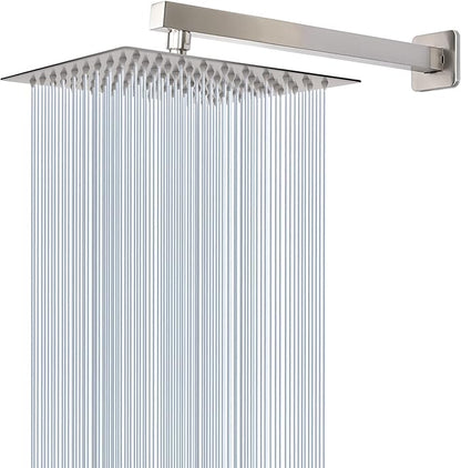Shower Head with Extension Arm, High Pressure Square with ShowerArm, Stainless Steel Rainfall-Waterfall Full Body Coverage (10'' Shower with 16'' Arm, Brushed Nickel)