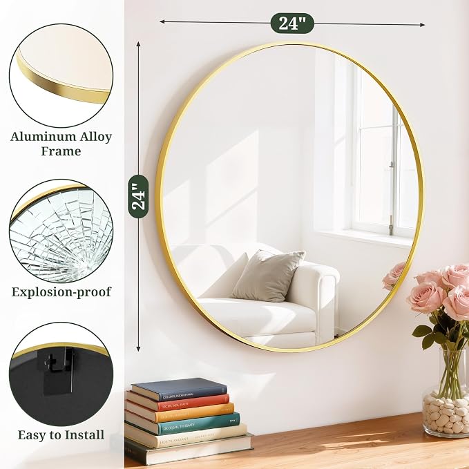 Round Wall Mirror 24 Inch Gold Vanity Mirror with Metal Frame | Modern Circle Wall Mounted Decorative Mirrors for Bathroom, Entryway, Bedroom, Living Room