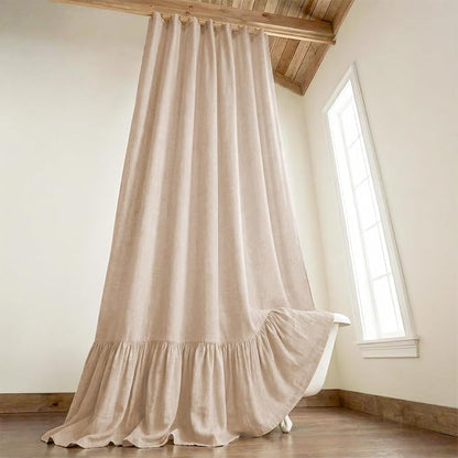 Farmhouse Shower Curtain Ruffle Linen Beige 72" W x 84" L | Linen Fabric, Farmhouse Boho, Bottom Ruffle, Rustic, Country, Natural Look, Washable, Shower Curtain for Bathroom Bathtub
