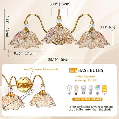 Vintage Bathroom Vanity Light, 3-Light Matte Brass Finish Vanity Light with Flower-Shaped Amber Glass Shades, Retro Wall Sconce for Bathroom, Dressing Table
