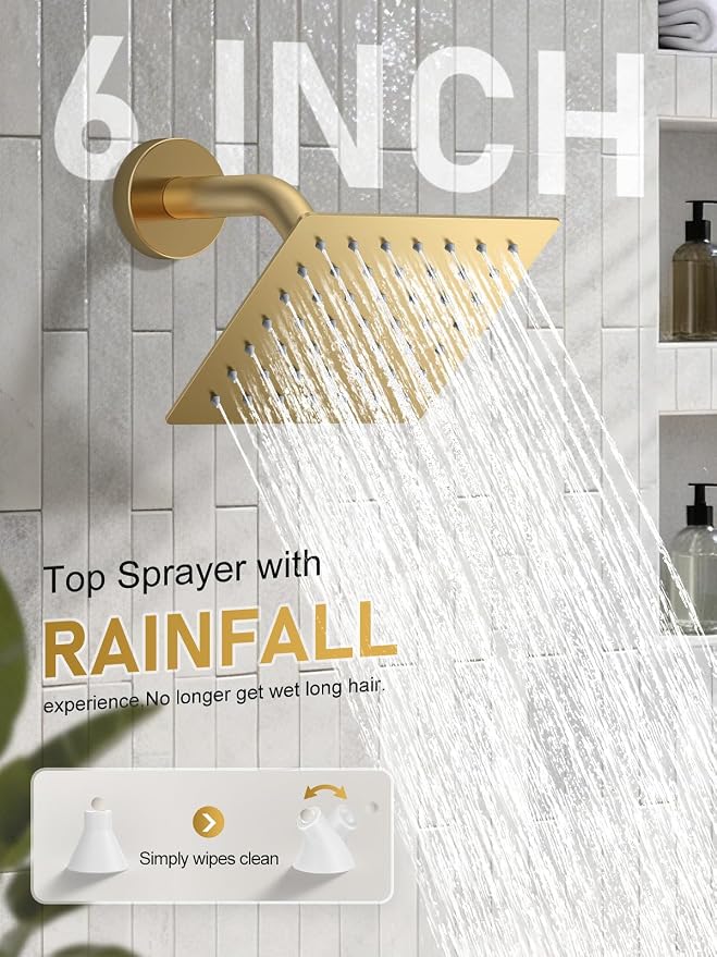 Woindo Shower Faucet Set, 10" Ceiling Mount Rainfall Shower System with 2 Rain Shower Head and Multi-function Handheld Head Push Button Diverter Shower Faucet Trim Kit