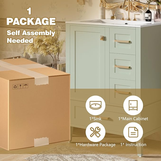 24.8" Bathroom Vanity with Ceramic Sink, Freestanding Bathroom Cabinet with Soft-Close Door, 3 Drawers & Spacious Storage, Solid Wood Frame and MDF, Modern Green Vanity for Small Bathrooms