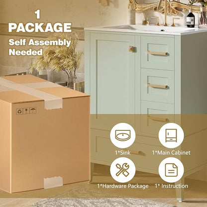 24.8" Bathroom Vanity with Ceramic Sink, Freestanding Bathroom Cabinet with Soft-Close Door, 3 Drawers & Spacious Storage, Solid Wood Frame and MDF, Modern Green Vanity for Small Bathrooms