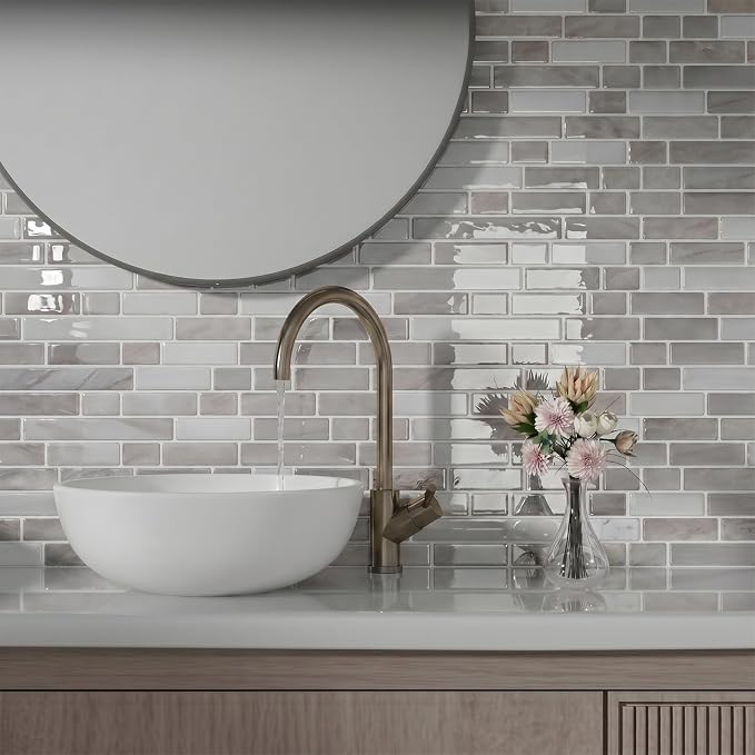 Peel and Stick Backsplash, Self Adhesive 10 Kitchen Tiles 12''x12'' | Greige Brown 3D Wall Tile Back Splash for Kitchen, Bathroom, Laundry Room