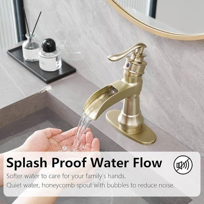Bathroom Sink Faucet Waterfall Brushed Gold Single Handle | Pop Up Drain,Easy to Clean,Stable Installation,Suitable for bathrooms, balconies and laundry room,Elegant Minimalist Style