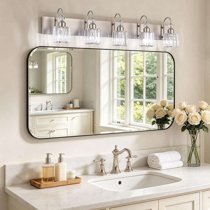 Ralbay Crystal Bathroom Vanity Light Brushed Nickel Modern 5 Light Bathroom Wall Lighting Fixtures Over Mirror
