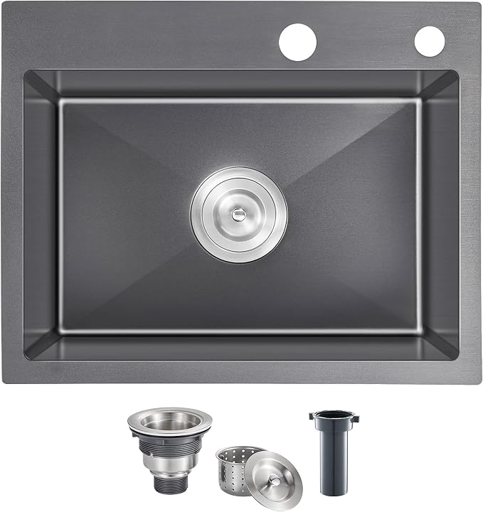 24 inch Drop-In Single Bowl Kitchen Sink 304 Black Steel 9" Deep | 24"x18" Black Drop in Sink | 304 SS | Topmount | 9" Deep Basin | Single Bowl | Residential/Prep
