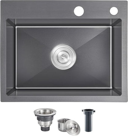 24 inch Drop-In Single Bowl Kitchen Sink 304 Black Steel 9" Deep | 24"x18" Black Drop in Sink | 304 SS | Topmount | 9" Deep Basin | Single Bowl | Residential/Prep