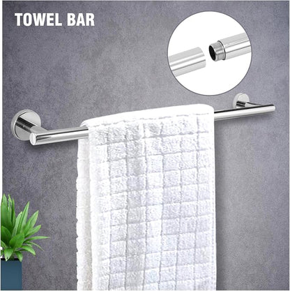 5 Piece Modern Style Wall Mounted Bathroom Hardware Set | #304 Stainless Steel, 24" Towel Bar Mount, Towel Rings, L Shape Toilet Paper Holder, Bathrobe Hook (Chrome)