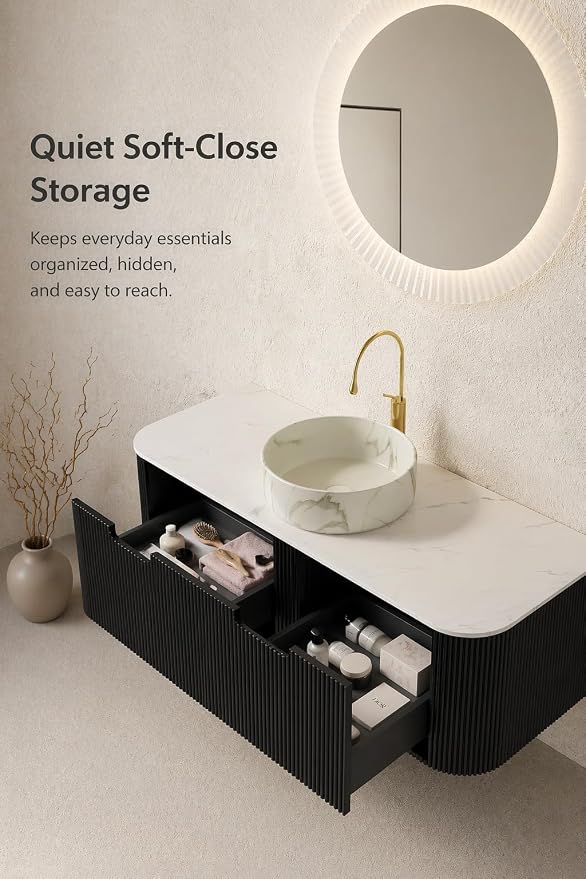 48 Inch Bathroom Vanity with Sink, Floating Wall Mounted Single Sink Vanity, Black Curved Fluted Front, Stone Top, Marble-Look Round Vessel Basin, Pre-Assembled