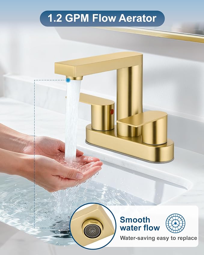 Brushed Gold Bathroom Sink Faucet,4 Inch Centerset,Two Handle | Lead-Free SUS304 Stainless Steel 2 or 3-Hole Centerset Bathroom Faucet,Pop-Up Drain & cUPC Supply Lines for Vanity Sinks & RV