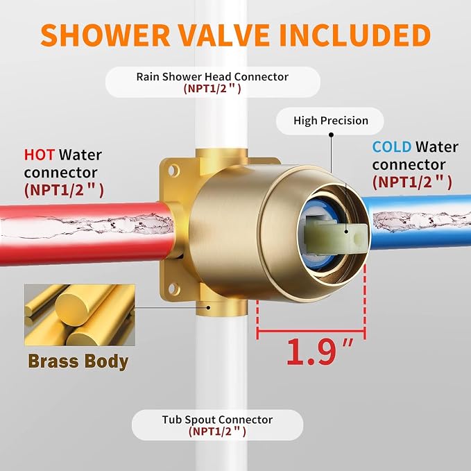 Tub Shower Faucet Set (Valve Included) with 6-Inch Rain Shower Head and Tub Spout Single-Handle Tub and Shower Trim Kit Brushed Gold