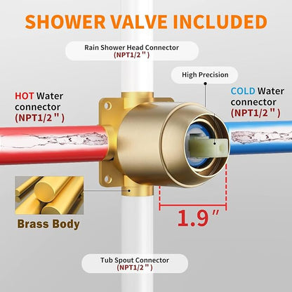 Tub Shower Faucet Set (Valve Included) with 6-Inch Rain Shower Head and Tub Spout Single-Handle Tub and Shower Trim Kit Brushed Gold