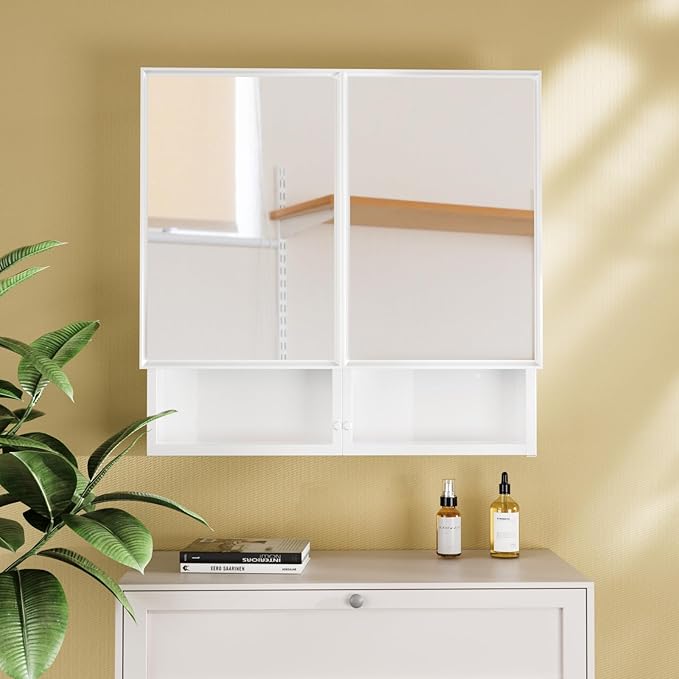 32x26 Inch Medicine Cabinet with Mirror, Bathroom Mirror Cabinet with Double Doors, Extra Storage Space, Bevel Mirror Wall Cabinet, Recessed or Surface Mount