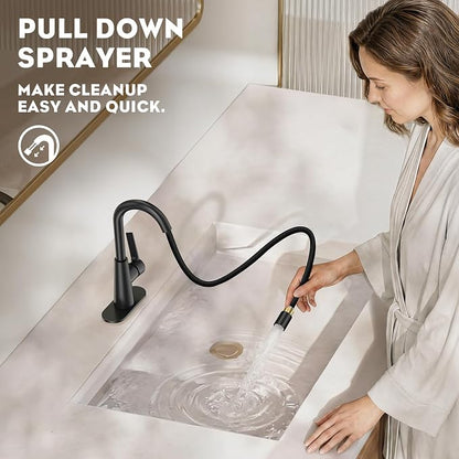 High Arc Bathroom Sink Faucet with Pull Down Sprayer, Tall Matte Black Single Handle Pull Out Faucet with Pop-Up Drain, 1 or 3 Hole Laundry Bar Basin Faucet with Deck Plate WE10CL-ZY-MB