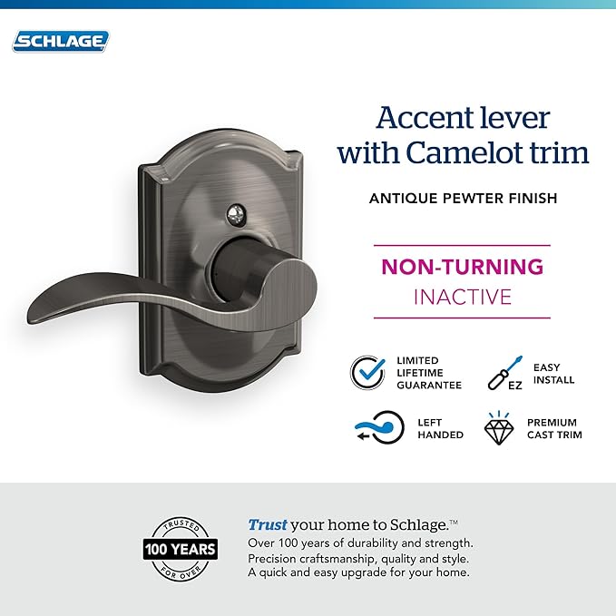SCHLAGE Accent Lever with Camelot Trim Non-Turning Lock in Antique Pewter - Left Handed