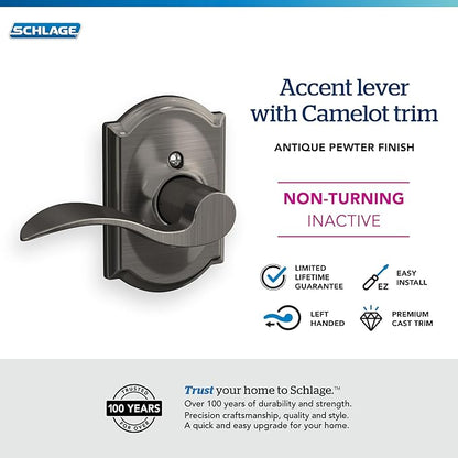 SCHLAGE Accent Lever with Camelot Trim Non-Turning Lock in Antique Pewter - Left Handed