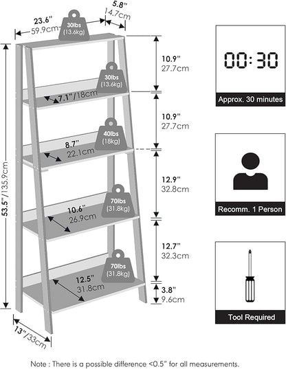 Furinno Ladder Display Shelf, 5-Tier Ladder Shelf, Ladder Bookshelf, Display Storage Shelves, 13 x 23.6 x 53.5, for Living Room, Home Office, French Oak