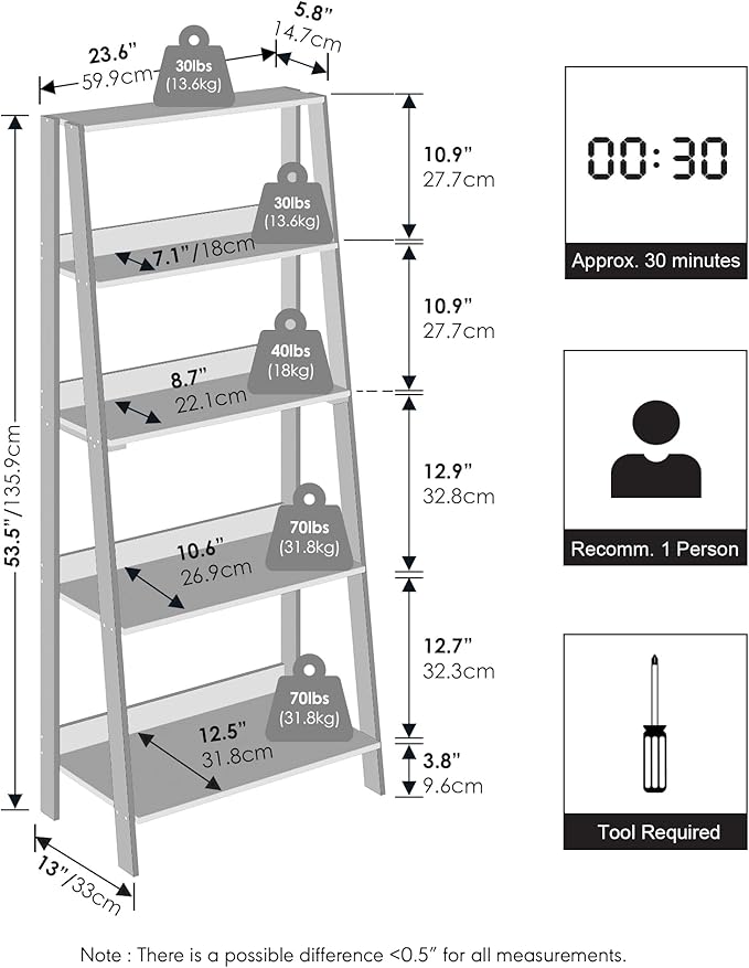 Furinno Ladder Display Shelf, 5-Tier Ladder Shelf, Ladder Bookshelf, Display Storage Shelves, 13 x 23.6 x 53.5, for Living Room, Home Office, White