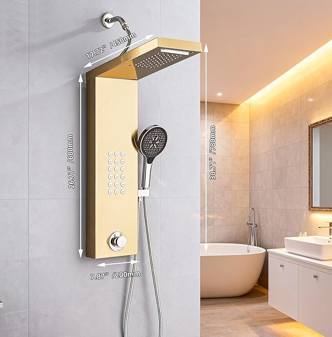 Shower Panel Tower System,Rain Shower Head Rainfall Waterfall Shower,Handheld High Pressure Rain Massage System(Gold)