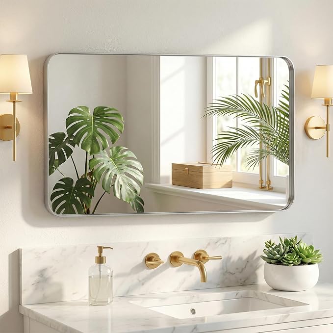 NEWBULIG Bathroom Mirror, Vanity Wall Mirror for Over Sink, 24x40 Inch | Matte Metal Framed, Tempered Glass, Over Sink, Entryway Living Room Bedroom, Silver
