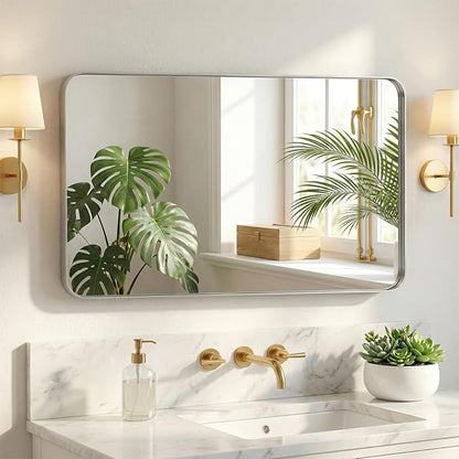 NEWBULIG Bathroom Mirror, Vanity Wall Mirror for Over Sink, 24x40 Inch | Matte Metal Framed, Tempered Glass, Over Sink, Entryway Living Room Bedroom, Silver