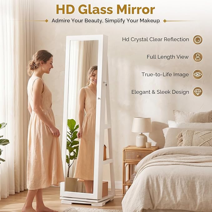 Bonnlo 360° Swivel Jewelry Mirror Cabinet with Inside Makeup Mirror,Full Length Mirror with Jewelry Storage, Lockable Standing Jewelry Armoire Organizer, Espejo Oon Almacenamiento for Bedroom,White