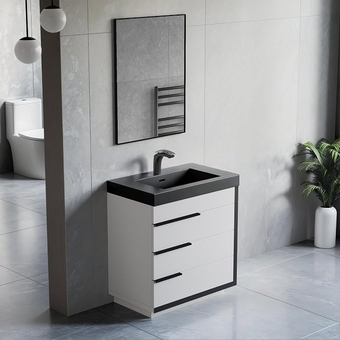Dowell 30" Bathroom Sink,Single Bowl Vanity Basin,Rectangular Drop-In Bathroom Sink with Overflow,Black-000 3018BP-BL
