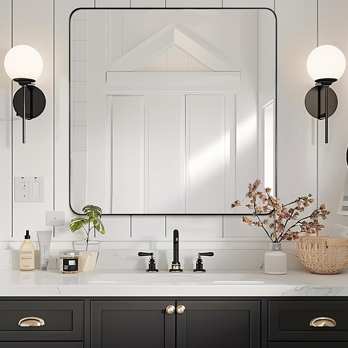 Square Wall Mirror for Bathroom, 24”x24” Matte Black Bathroom Mirror, Rounded Corner Metal Mirror in Premium Stainless Steel Frame Hangs Horizontal Or Vertical