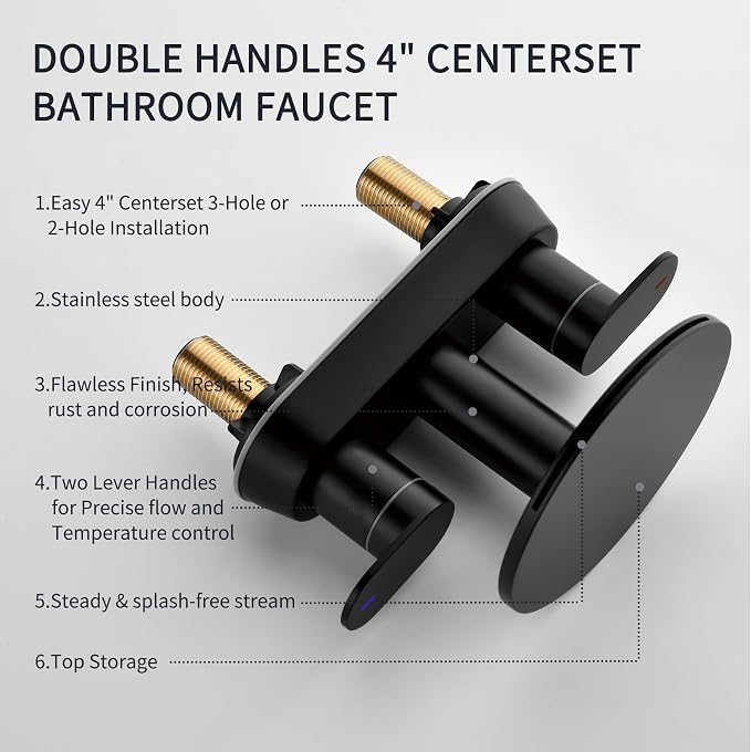 Matte Black Bathroom Sink Faucet, 4 Inch Waterfall Centerset | 3 hole bathroom faucet, two handle vanity fixture, round storage shelf, metal pop-up drain, vanity remodel installation
