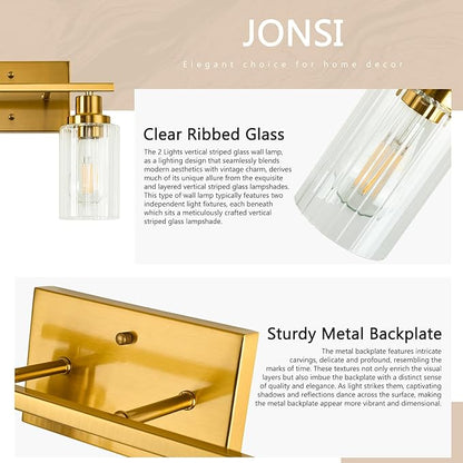 Jonsi Gold Bathroom Light Fixtures, 2 Light Brushed Gold Vanity Lights With Fluted Glass Shade, Modern Lights Over Mirror, Vanity Lighting Fixtures