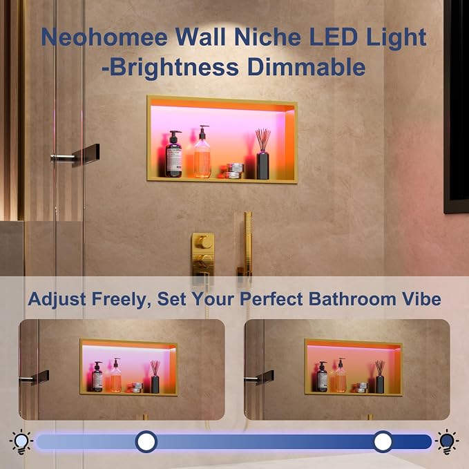 RGB LED Light Shower Niche, Gold 24X12 in Stainless Steel Wall Niche with Remote Control, Waterproof No Tile Needed Wall Niche for Bathroom Storage Over Mount Installation