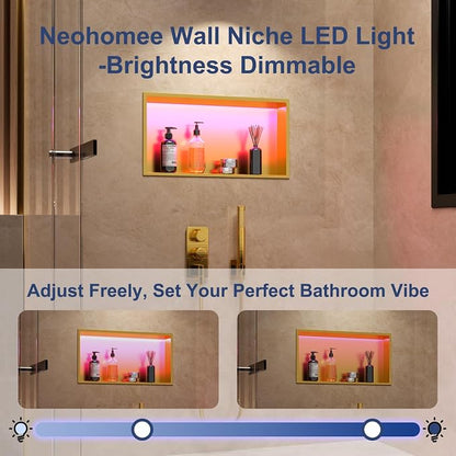 RGB LED Light Shower Niche, Gold 24X12 in Stainless Steel Wall Niche with Remote Control, Waterproof No Tile Needed Wall Niche for Bathroom Storage Over Mount Installation