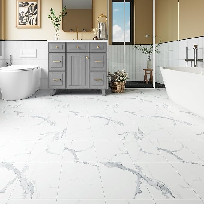 ATOPOSE Peel and Stick Vinyl Floor Tile，1 Piece Sample,6"x6" Self Adhesive Flooring for DIY Installation（ White Marble Sample）