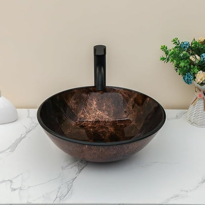 Sarlai Round Vessel Sink Tempered Glass Bathroom Vessel Sink with Faucet and Pop-up Drain Combo 16-1/2 x 16-1/2 Inch Brown Countertop Bathroom Sink Basin