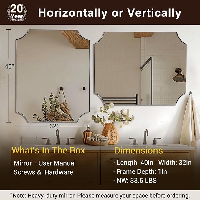 Scalloped 32"x40" Brushed Nickel Wall Mounted Mirror | Anti-Rust Stainless Steel Frame 1" Deep, Notched Corner Design, Horizontal & Vertical Mount, Contemporary Home Aesthetic