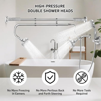 OURBAOFU Tandem Shower, Dual Shower Heads for Couples & Handheld head, Triple Shower Head System for Two People, High Pressure and Adjustable Double Shower Heads and Handheld Shower Head（Silver)