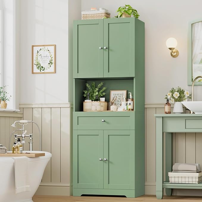 HIFIT Tall Bathroom Storage Cabinet with Drawer, Modern Linen Cabinet,Green | 67"H Tall Storage Cabinet with Doors & Shelves, Freestanding Kitchen Pantry for Bathroom, Dining Room, Laundry, Narrow Corner