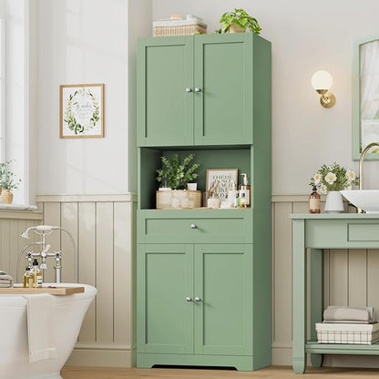 HIFIT Tall Bathroom Storage Cabinet with Drawer, Modern Linen Cabinet,Green | 67"H Tall Storage Cabinet with Doors & Shelves, Freestanding Kitchen Pantry for Bathroom, Dining Room, Laundry, Narrow Corner