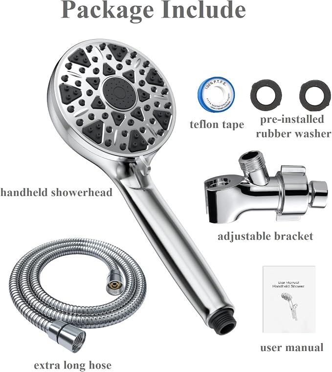 BOWGER Shower Head with Handheld High Pressure Multi-Function 7 modes, Built-in Power Wash to Clear Tub, Tile & Pets, 5” High Flow Hand Held Rain Showerhead with Extra Long Hose and Adjustable Bracket