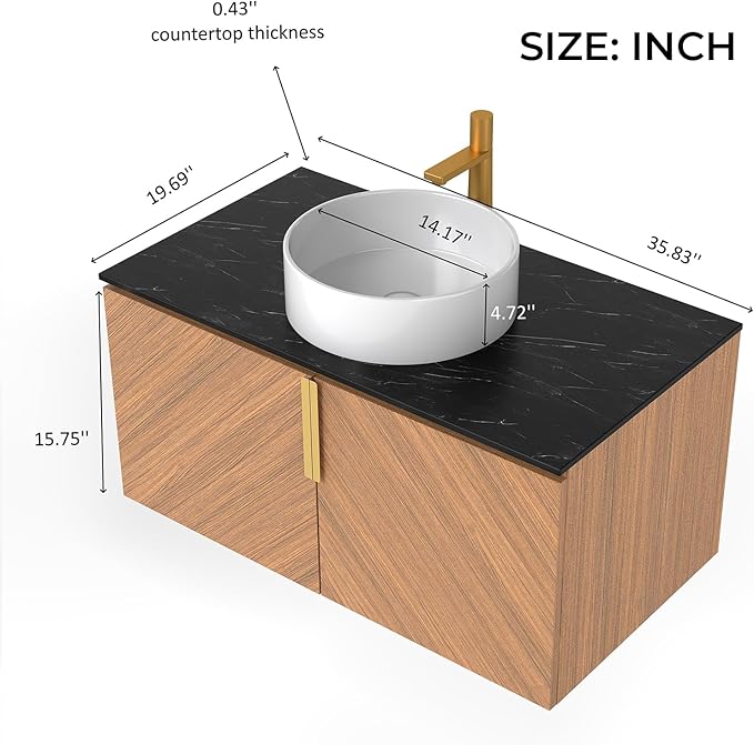LKTART 36 Inch Bathroom Vanity with Sink, Modern Wall Mounted Bathroom Sink with 2 Doors, Black Sintered Stone Countertop and White Round Ceramic Basin