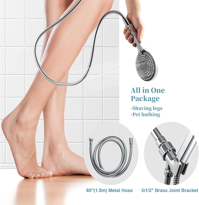 OFFO Handheld Shower Head Set, 6-Mode High Pressure Handheld Sprayer with 60 in Stainless Steel Hose & Holder, High Flow Large Powerful Boosting Handheld Showerhead for Low Water Pressure, Chrome