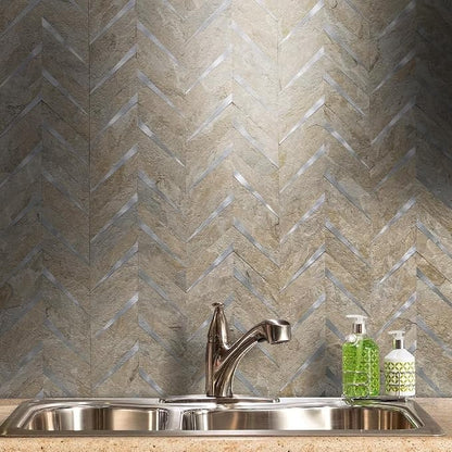 DICOFUN 10-Sheet Sandstone Look Herringbone Peel and Stick Backsplash for Kitchen, PVC Mixed Metal Gold Chevron Stick on Backsplash Wall Tiles