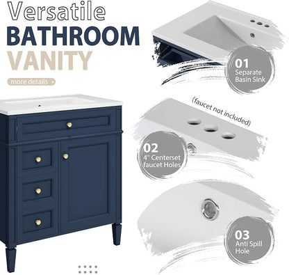 Merax 30 Inch Bathroom Vanity with Sink Set, Modern Bathroom Vanity Storage Cabinet with Matching Mirror Medicine Cabinet, Solid Wood Frame，Painted Finish, 2 Drawers and 1 Tip-Out Drawer, Navy Blue