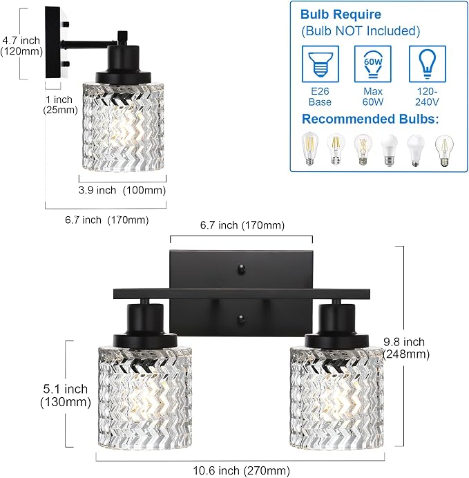 MELUCEE 2-Light Wall Sconce Lighting with Hammered Glass Shade | Industrial Black Bathroom Lights Over Mirror, Modern Vanity Lighting Fixtures for Porch Entryway Stair