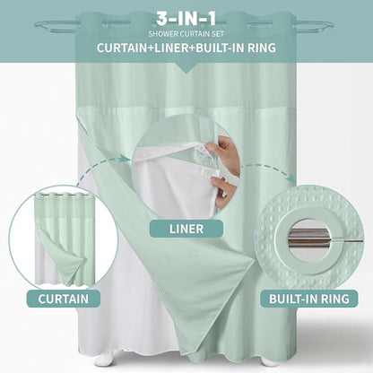 No Hook Waffle Shower Curtain with Snap-in Liner, 71x80 Inch, Mint Green | 230 GSM waffle weave fabric, waterproof liner set with 2 bottom magnets, mesh top window, washable, for bathroom or hotel use