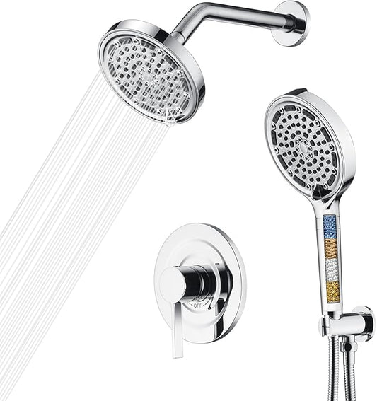 SUMERAIN Shower Faucet Set with 6-Spray Handheld Filtered Shower Head, Chrome Wall Mounted Rainfall Shower System